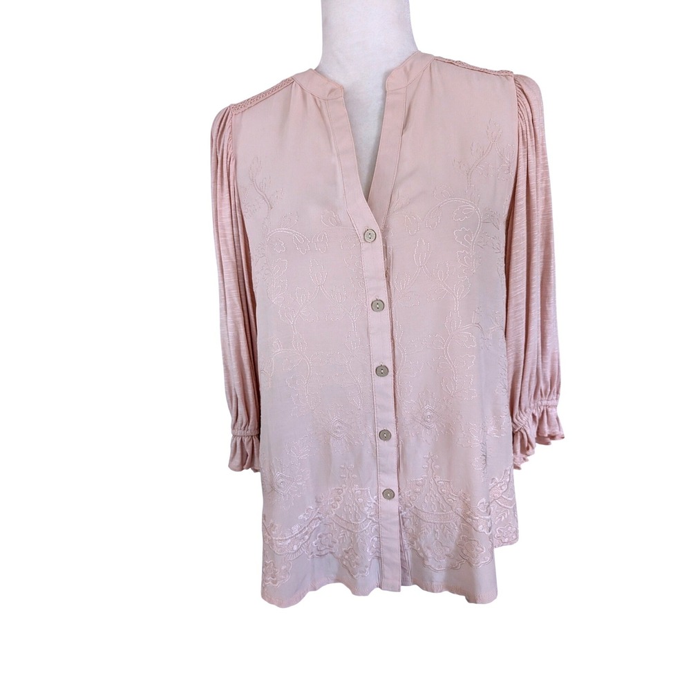 Max Studio Blush Pink Embroidered Button  Ruffle Puff Sleeve Blouse Small